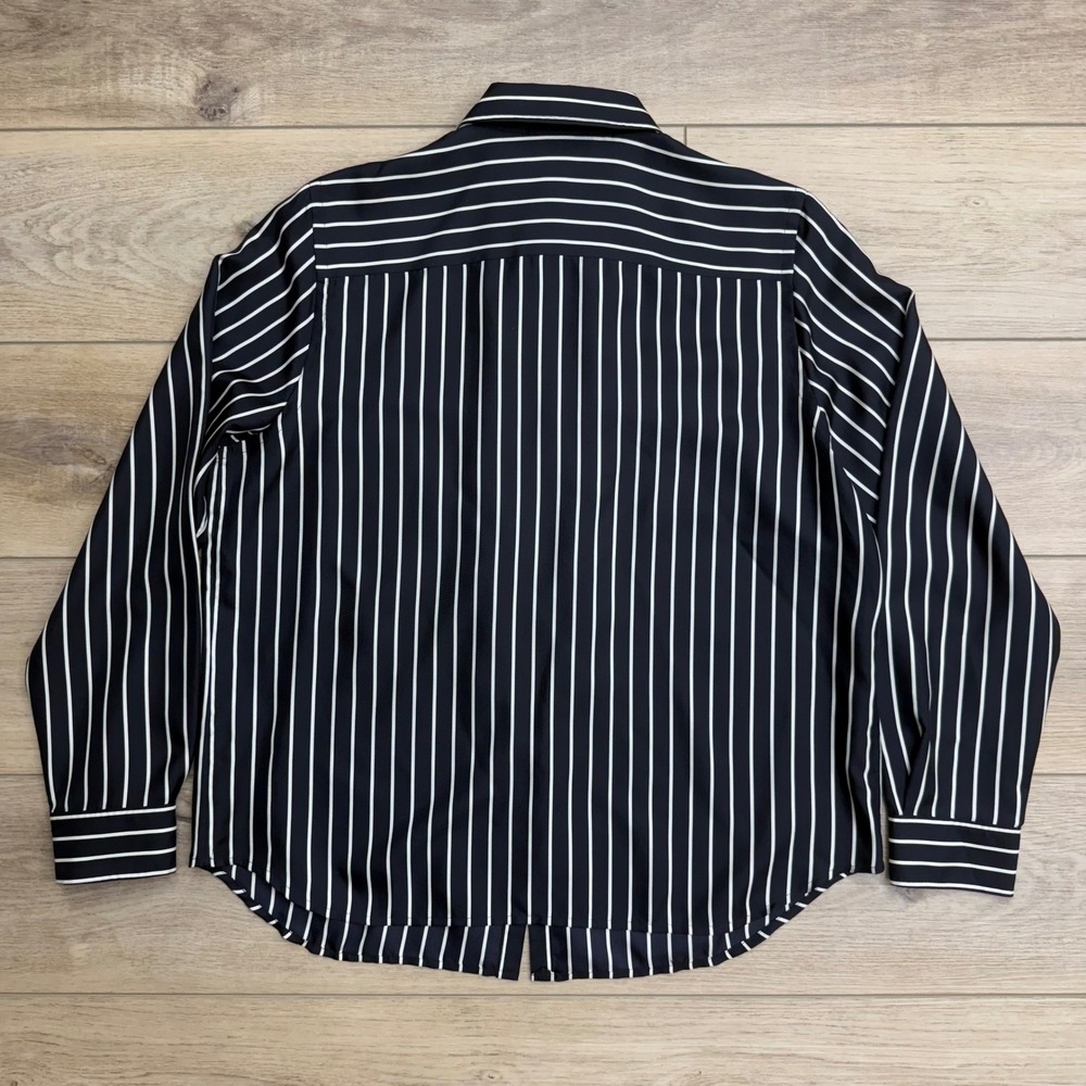 LRL Ralph Lauren Silk Black White Striped‎ Ruffle Front Dark Coquette Goth L - Picture 7 of 15